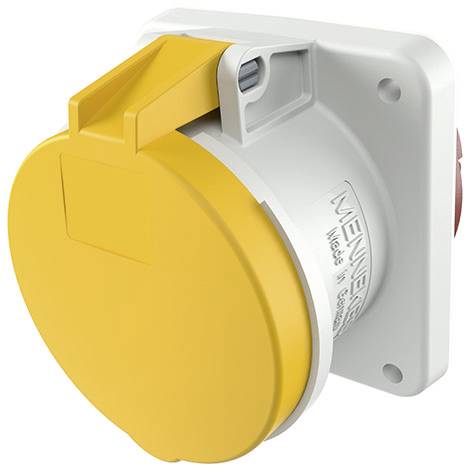 Žlutá průmyslová nástěnná elektrická zásuvka s překlápěcím ochranným krytem