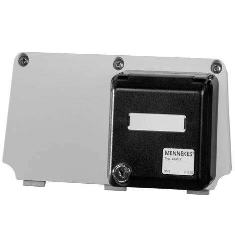 Šedá průmyslová elektrickáchassis s černým čelním krytem a označeným zámkem na klíč