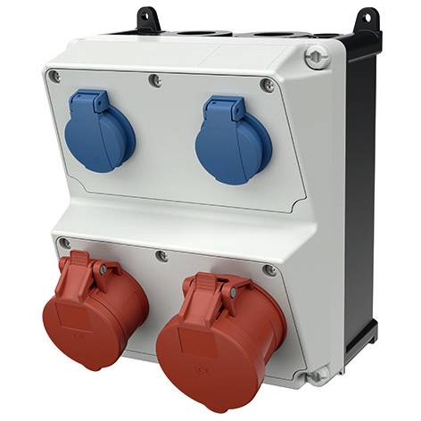 Průmyslová skříň elektrické distribuce napájení se dvěma modrými zásuvkami nahoře a dvěma červenými zásuvkami dole