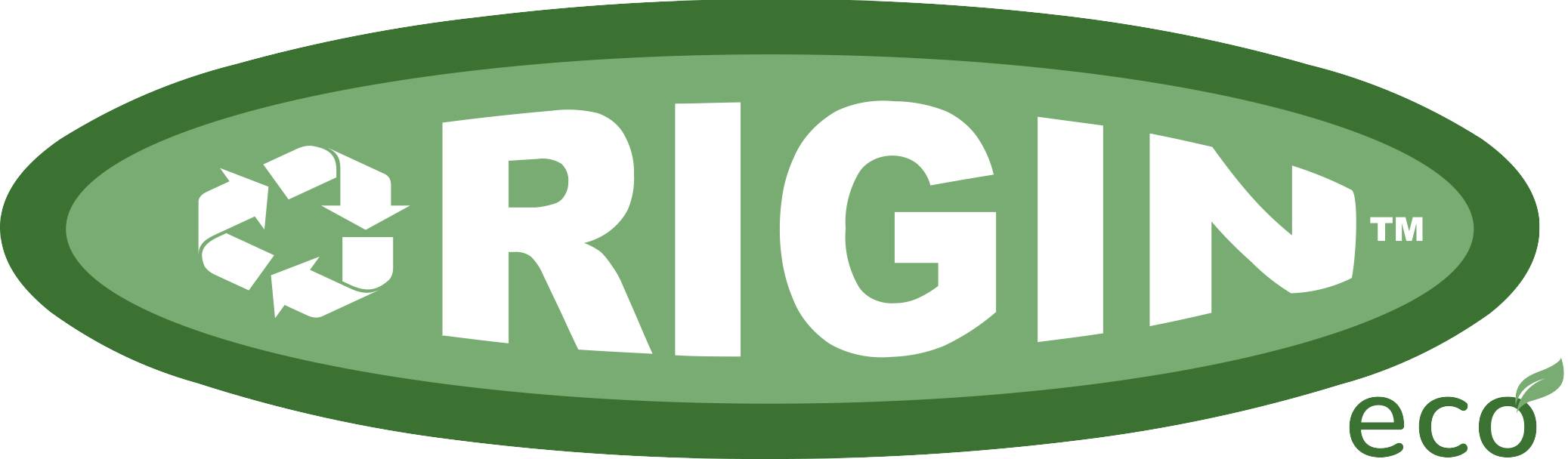 Zelený oválný ORIGIN ekologický logo s bílým symbolem recyklace a velkým textem "ORIGIN".