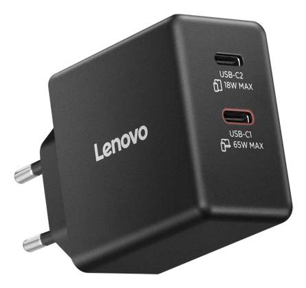 Černá síťová nabíječka Lenovo s dvěma porty: USB-C2 18W max a USB-C1 65W max.