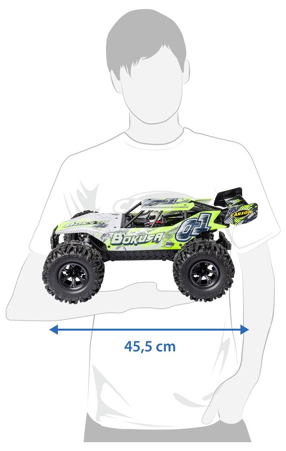 Hračka RC nákladní auto zobrazené přes lidský trup, s měřením šířky 45,5 cm označeným modrou oboustrannou šipkou.