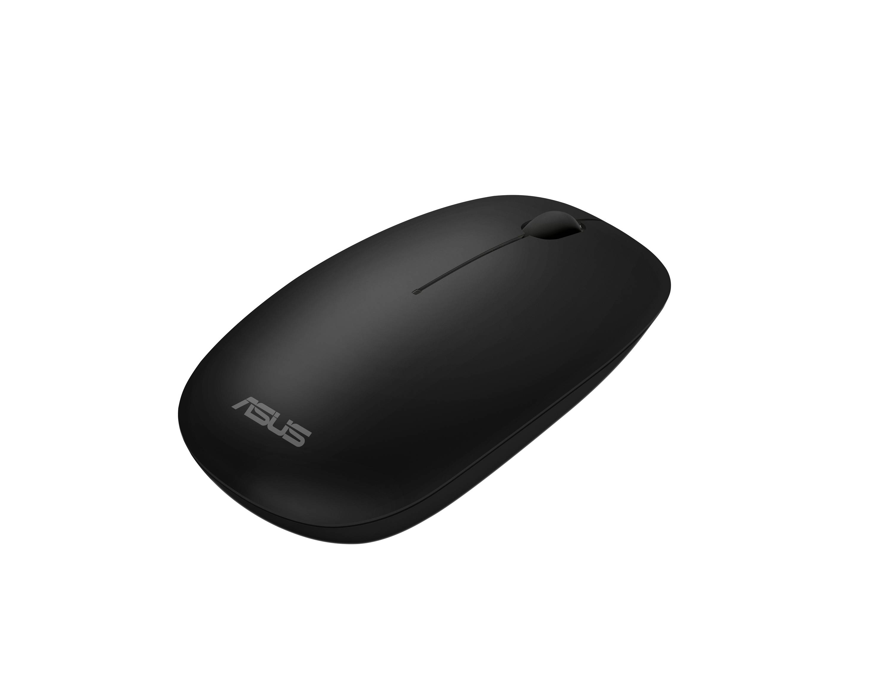 Černá bezdrátová počítačová myš ASUS na jednoduchém bílém pozadí, zobrazena v úhlu.