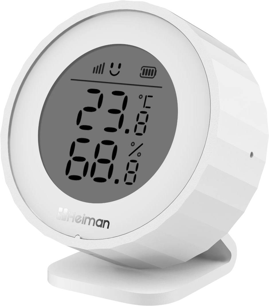 Bílý digitální teploměr-vlhkoměr na stojanu zobrazující na displeji 23,8°C a 68,6% relativní vlhkost vzduchu.