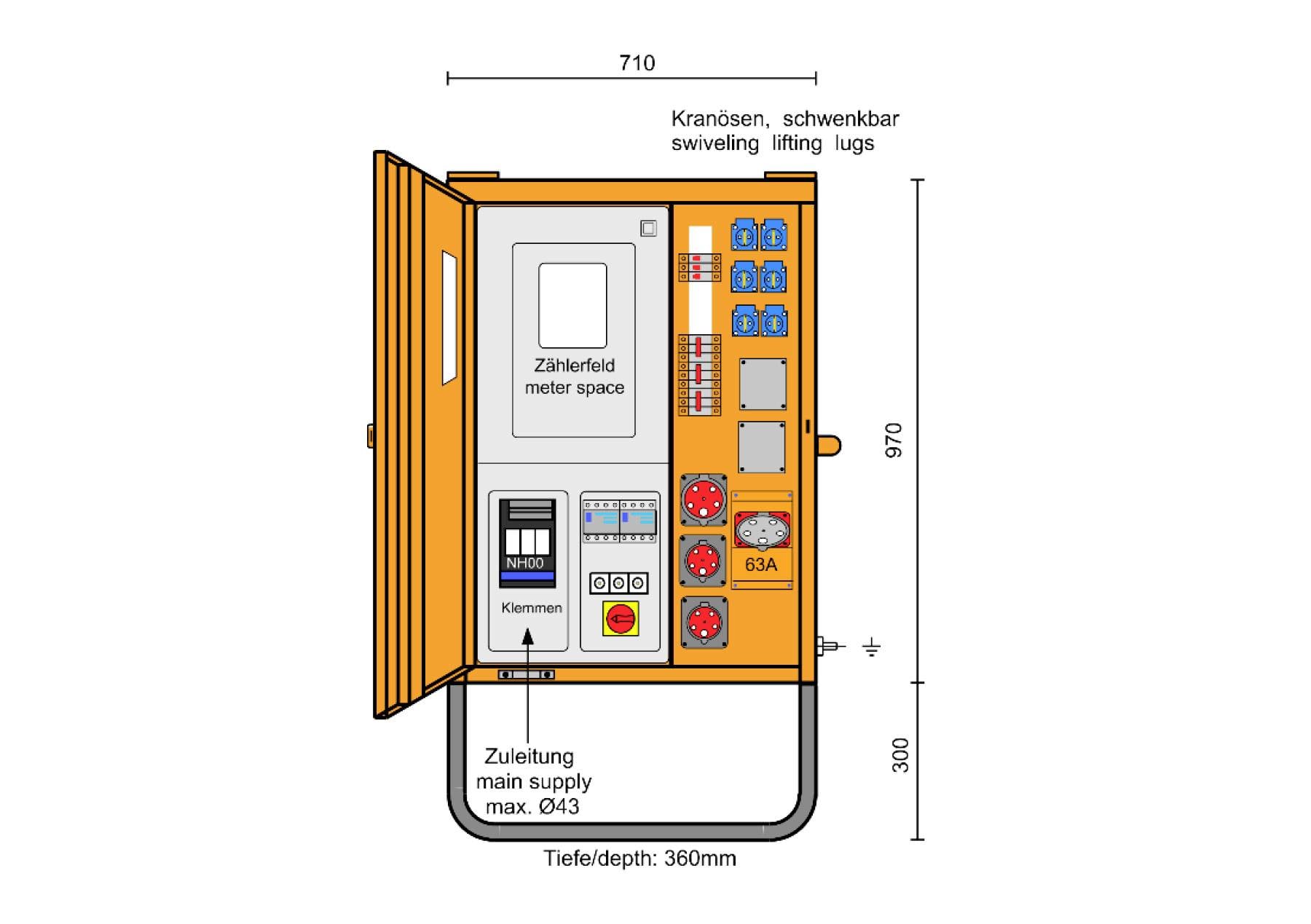 Přední pohled na elektrickou skříň s otevřenými oranžovými dveřmi, zobrazující měřící a řídicí oddíly, zásuvky, spínače a označené rozměry 710 šířka, 970 výška, 360 hloubka.