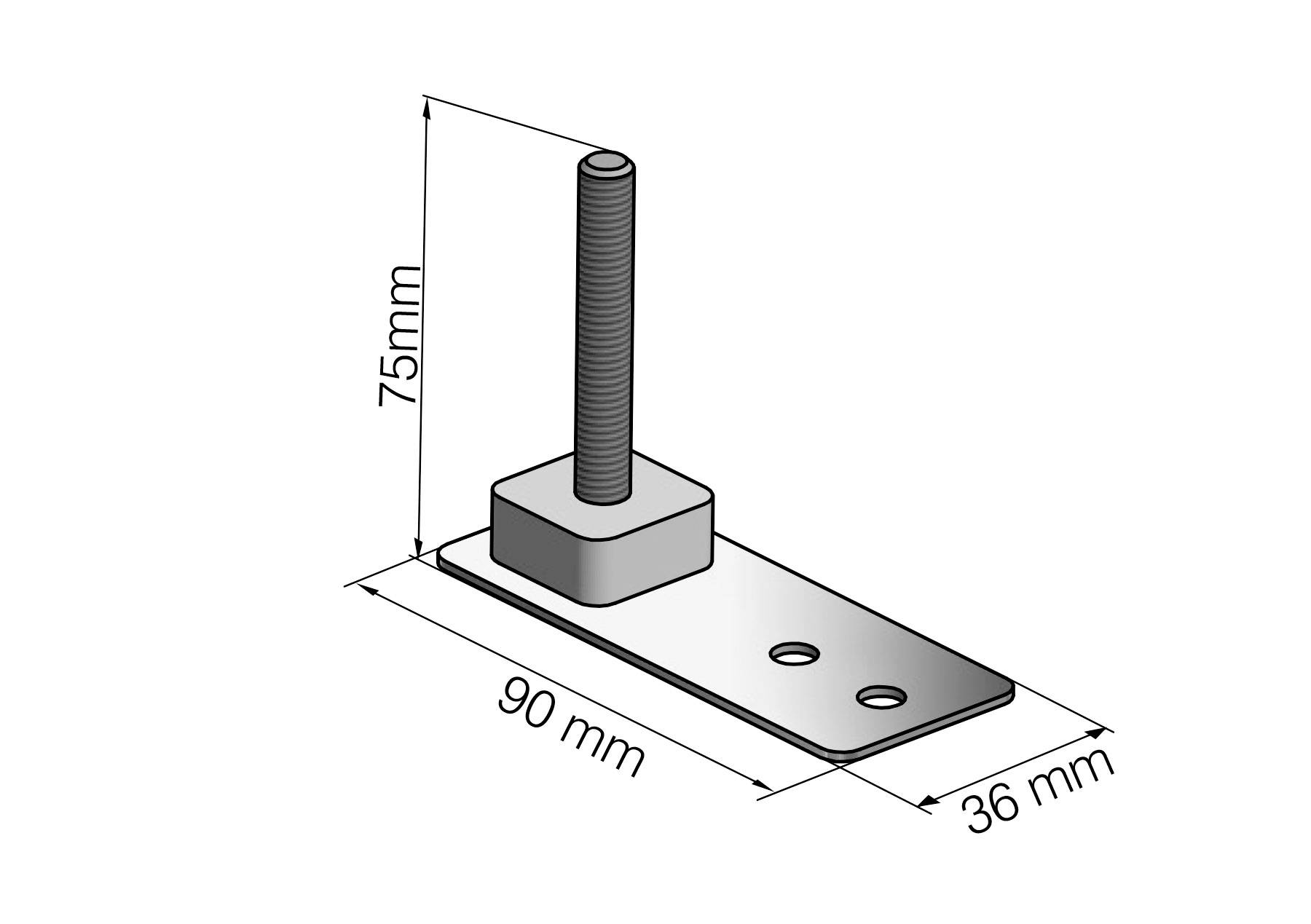 Kótovaný výkres kovového montážního držáku se svislou závitovanou tyčí, zobrazující rozměry: výška 75 mm, délka 90 mm a šířka 36 mm.