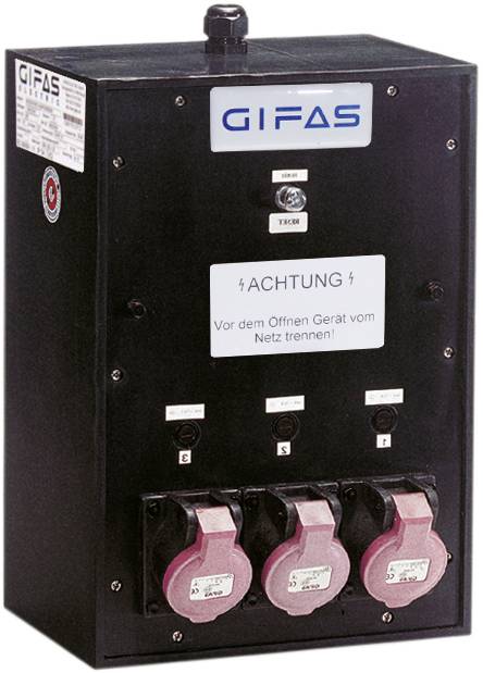 Černá průmyslová elektrická ovládací skříňka GIFAS s varovným štítkem "ACHTUNG" a třemi růžovými zásuvkami na přední straně.