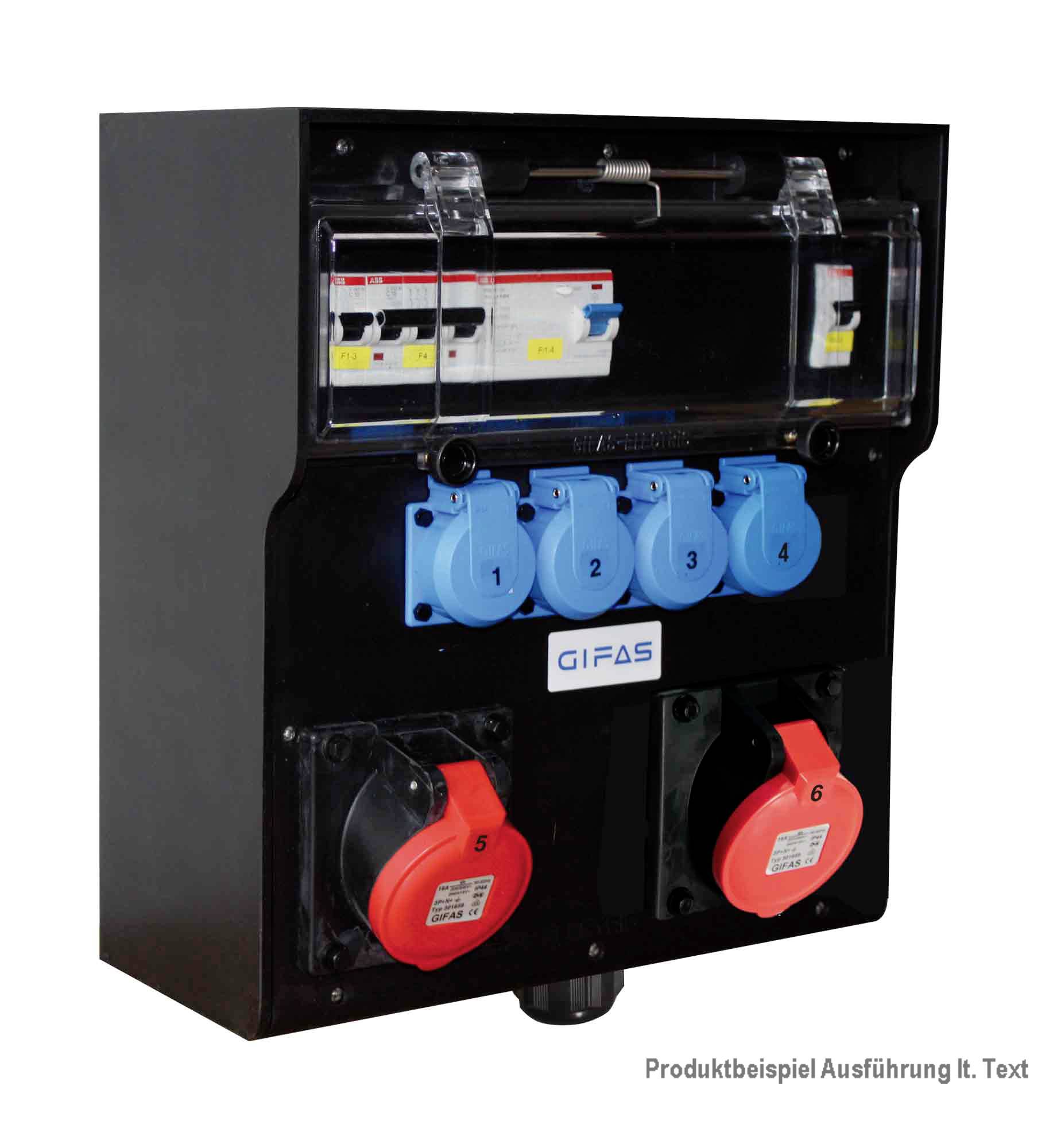Černá skříň elektrické distribuce s průhledným krytem, jistič, čtyři modré zásuvky označené 1-4 a dvě červené zásuvky označené 5 a 6.