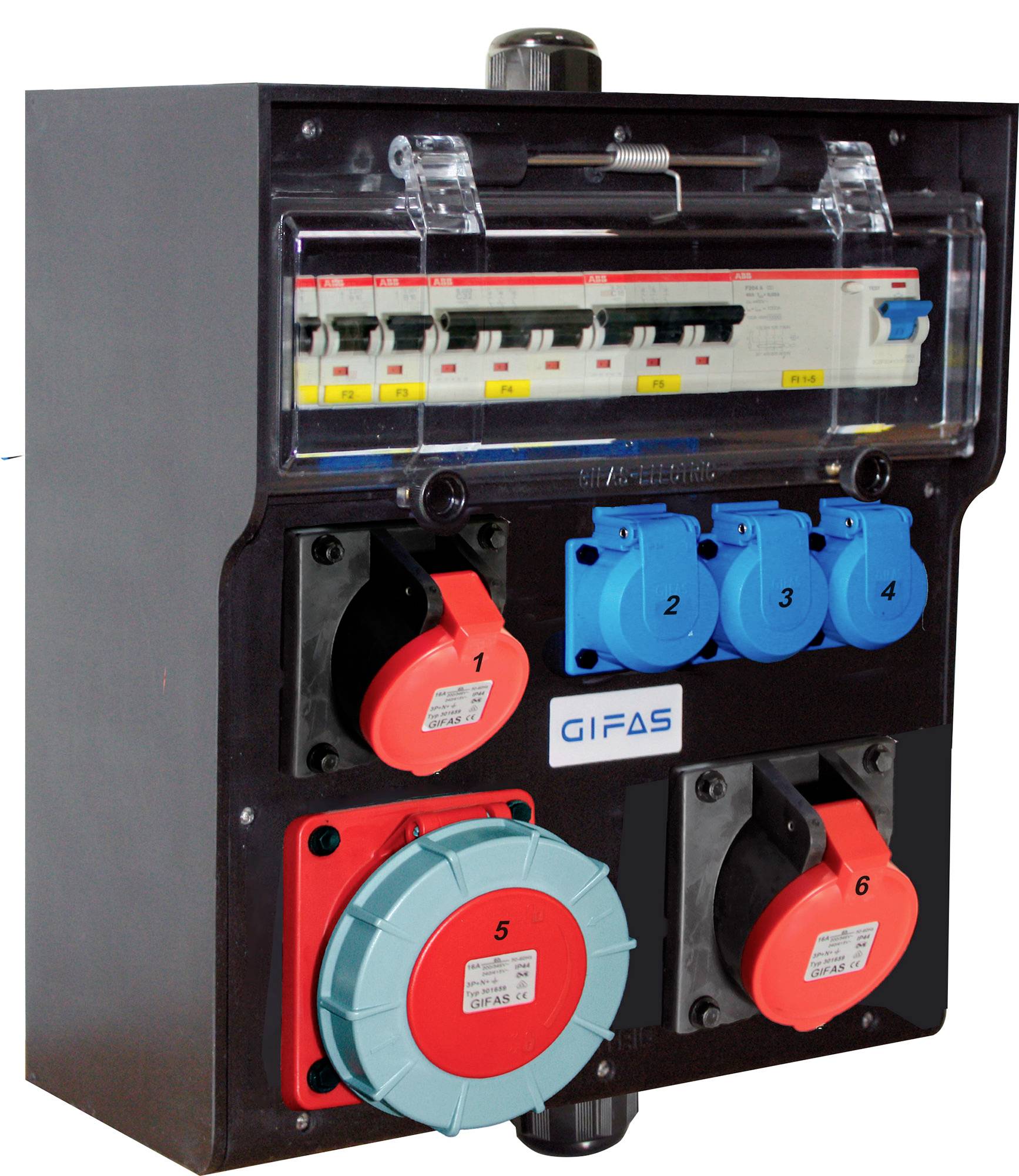 Nástěnný elektrický rozváděč s jističi a více červenými a modrými průmyslovými zásuvkami pod průhledným krytem.