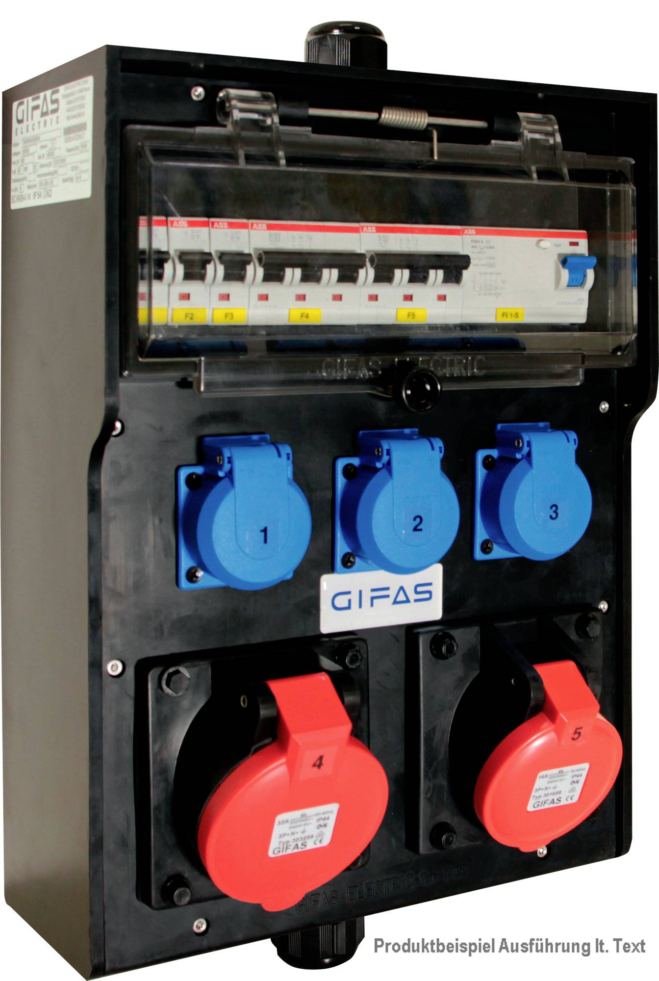 Průmyslová skříň elektrické distribuce s průhledným krytem, jističi a pěti barevně označenými zásuvkami napájení označenými 1 až 5.