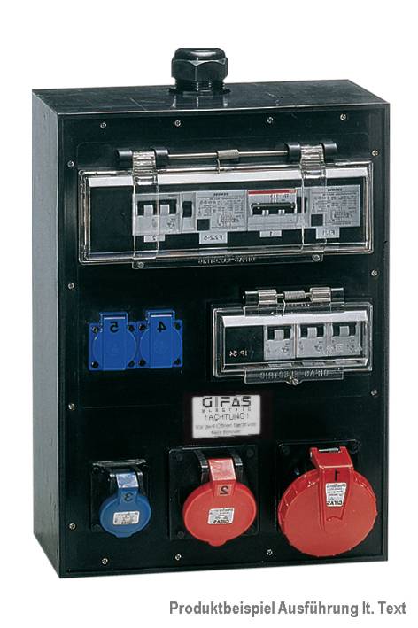 Průmyslová elektrorozvodná skříň s jističi a modrými a červenými zásuvkami na černém panelu.