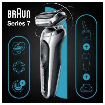 Braun Series 7 elektrický holící strojek zobrazený s plovoucí hlavicí a ikonami funkcí na černém a modrozelenkavém propagačním pozadí.