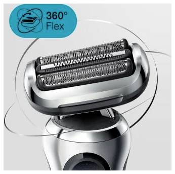 Rotující hlava elektrického holícího strojku označená „360° Flex" na světlém pozadí, která ukazuje flexibilní otočný design pro blízké holení obličeje.
