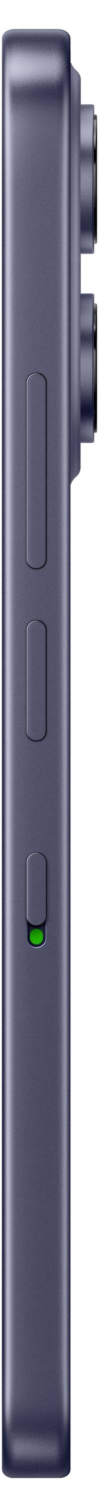 Boční pohled na tmavě šedý smartphone zobrazující postranní tlačítka a malý zelený indikátor světla v blízkosti dolního okraje.