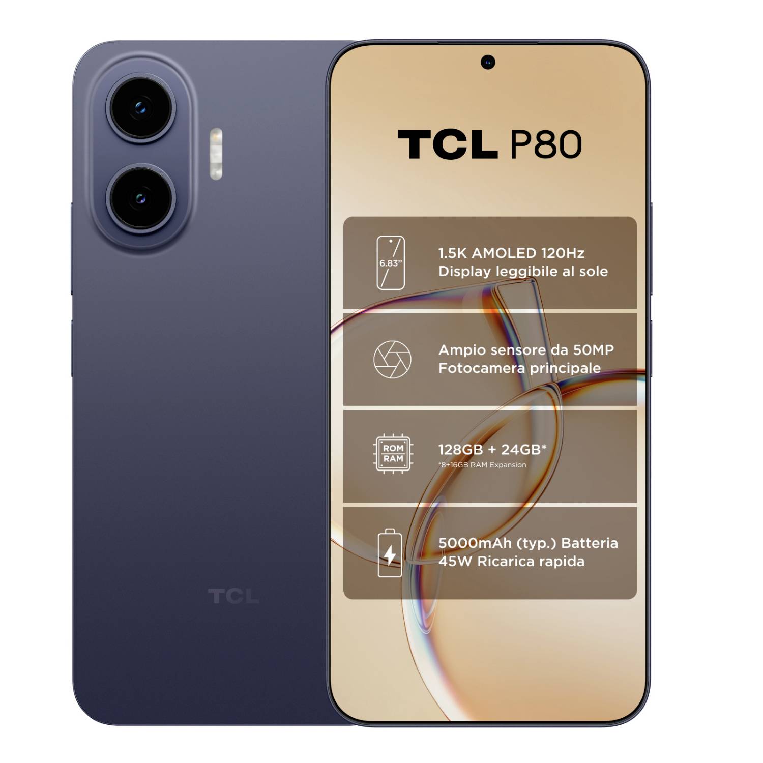 Reklamní obrázek smartphonu TCL P80 zobrazující přední a zadní stranu; text upozorňuje na 6,83" 1.5K AMOLED 120Hz displej, 50MP fotoaparát, 128GB+24GB, a baterii 5000mAh s 45W rychlým nabíjením.