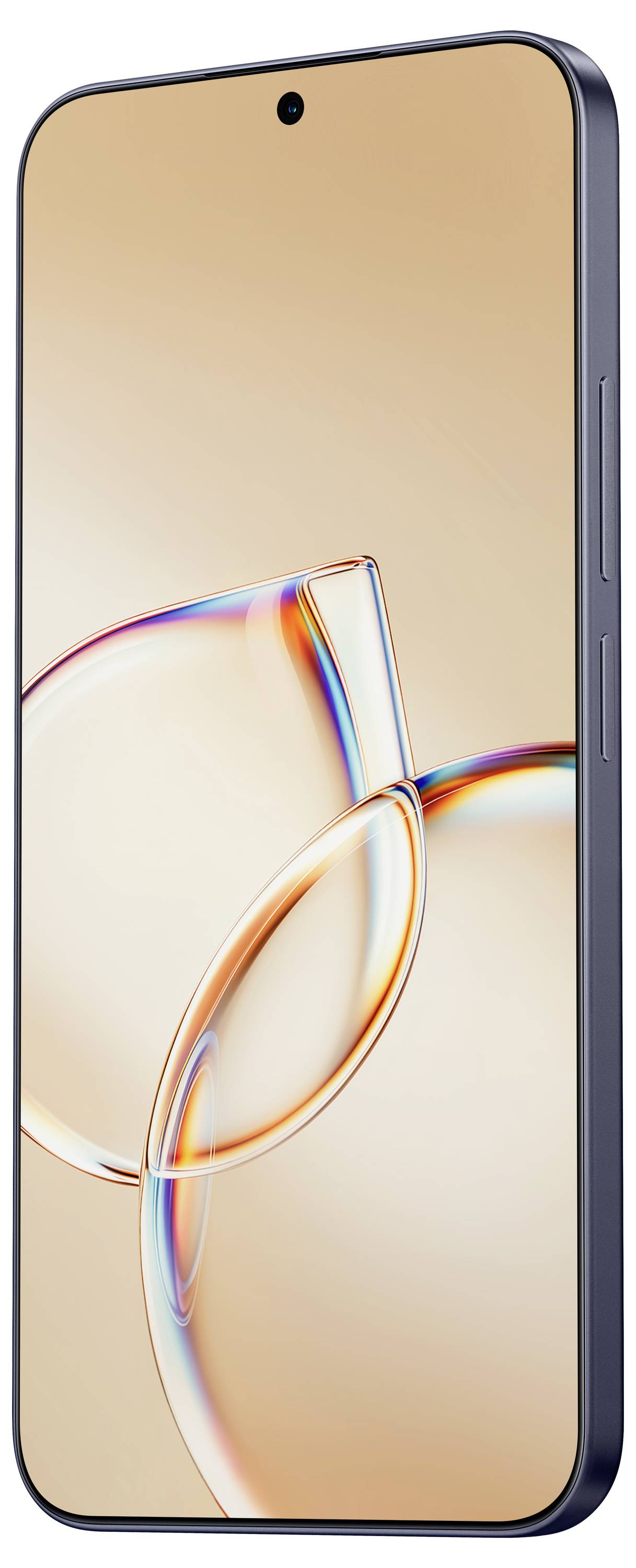 Přední pohled na smartphone s prázdnou béžovou obrazovkou a centrálně umístěnou kamerou v designu s otvorem, zobrazený v perspektivě na bílém pozadí.
