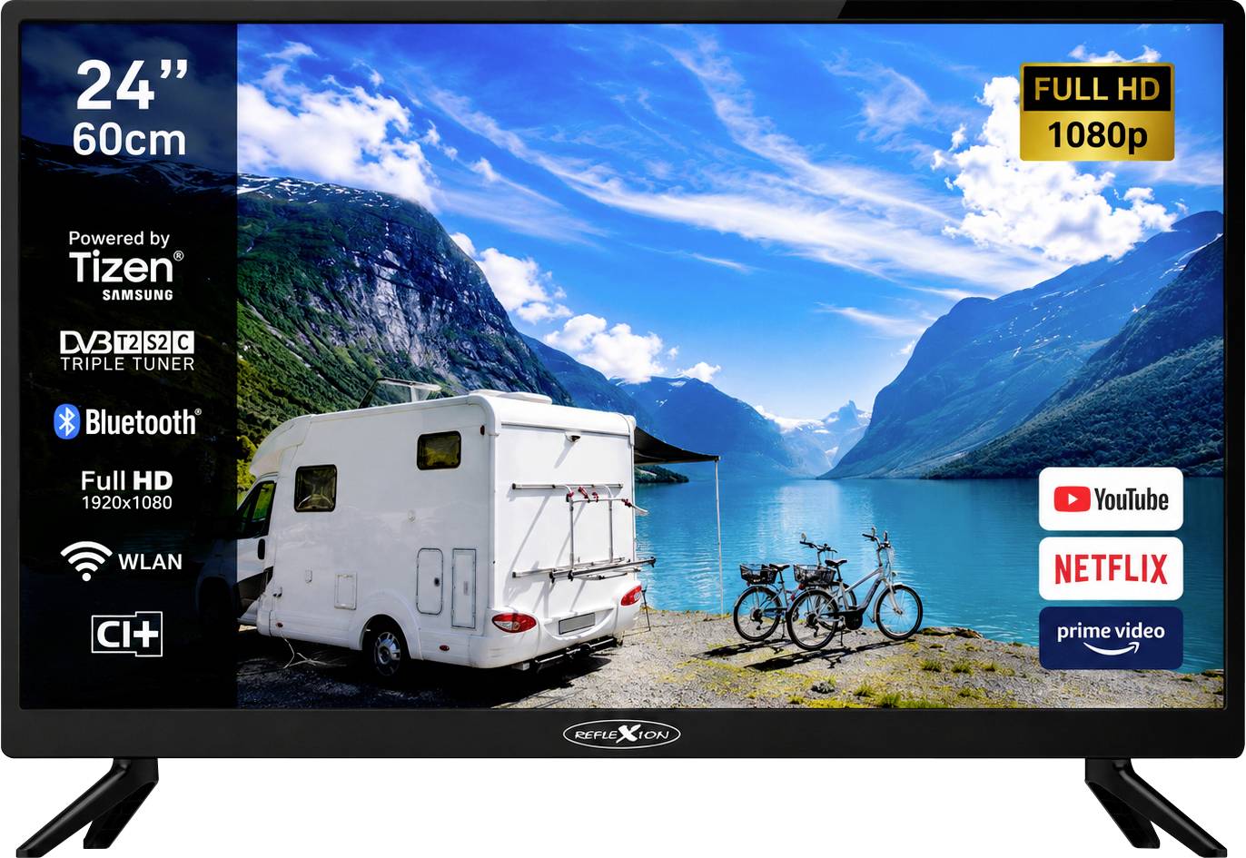 Černá 24palcová Full HD Smart TV s rozlišením 1080p a 60cm obrazovkou, Tizen, Bluetooth, WLAN a logy streamovacích aplikací.
