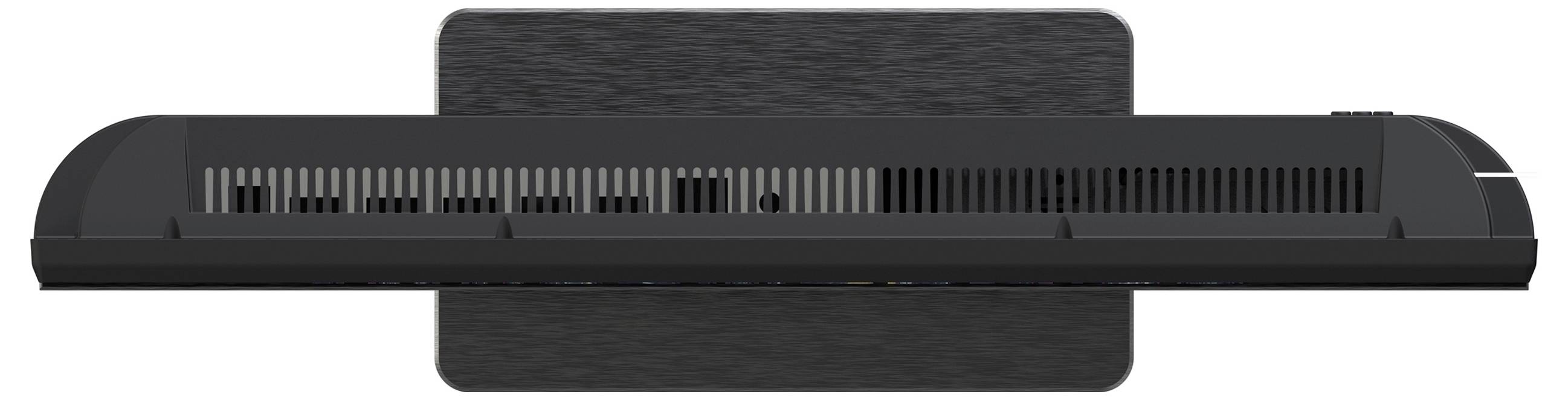 Černé obdélníkové elektronické zařízení s dlouhou větranou přední hranou namontované na tmavé nástěnné desce, zobrazené zezadu nebo zespodu.