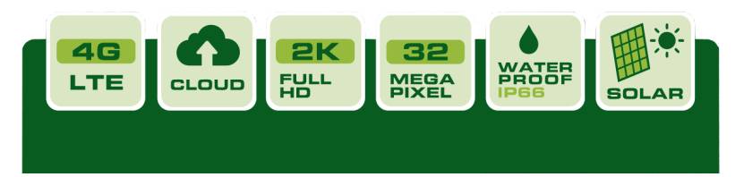 Zelený banner se šesti ikonami funkcí a popisky: 4G LTE, cloud, 2K Full HD, 32 Mega Pixel, water proof IP66 a solar.