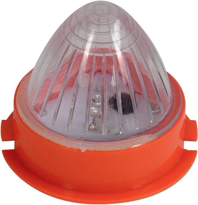 Oranžová plastová signální svítilna s čirým žebrovaným krytem a červenými vnitřními součástkami, izolovaná na bílém pozadí.