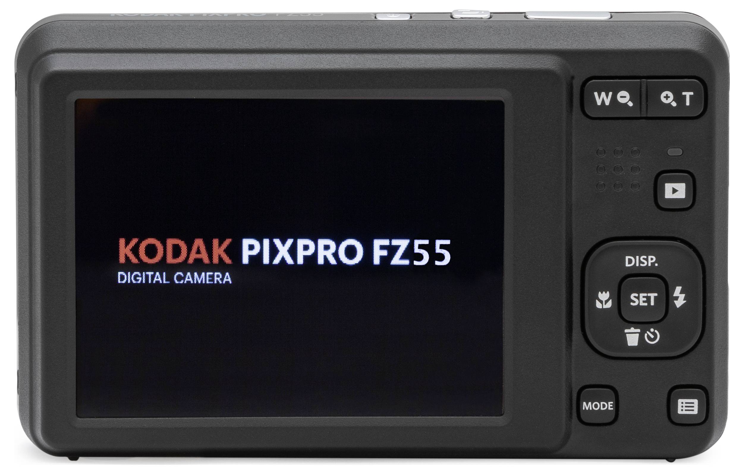Zadní pohled na digitální fotoaparát Kodak PIXPRO FZ55, který ukazuje zadní displej s názvem modelu a ovládacími tlačítky na pravé straně.
