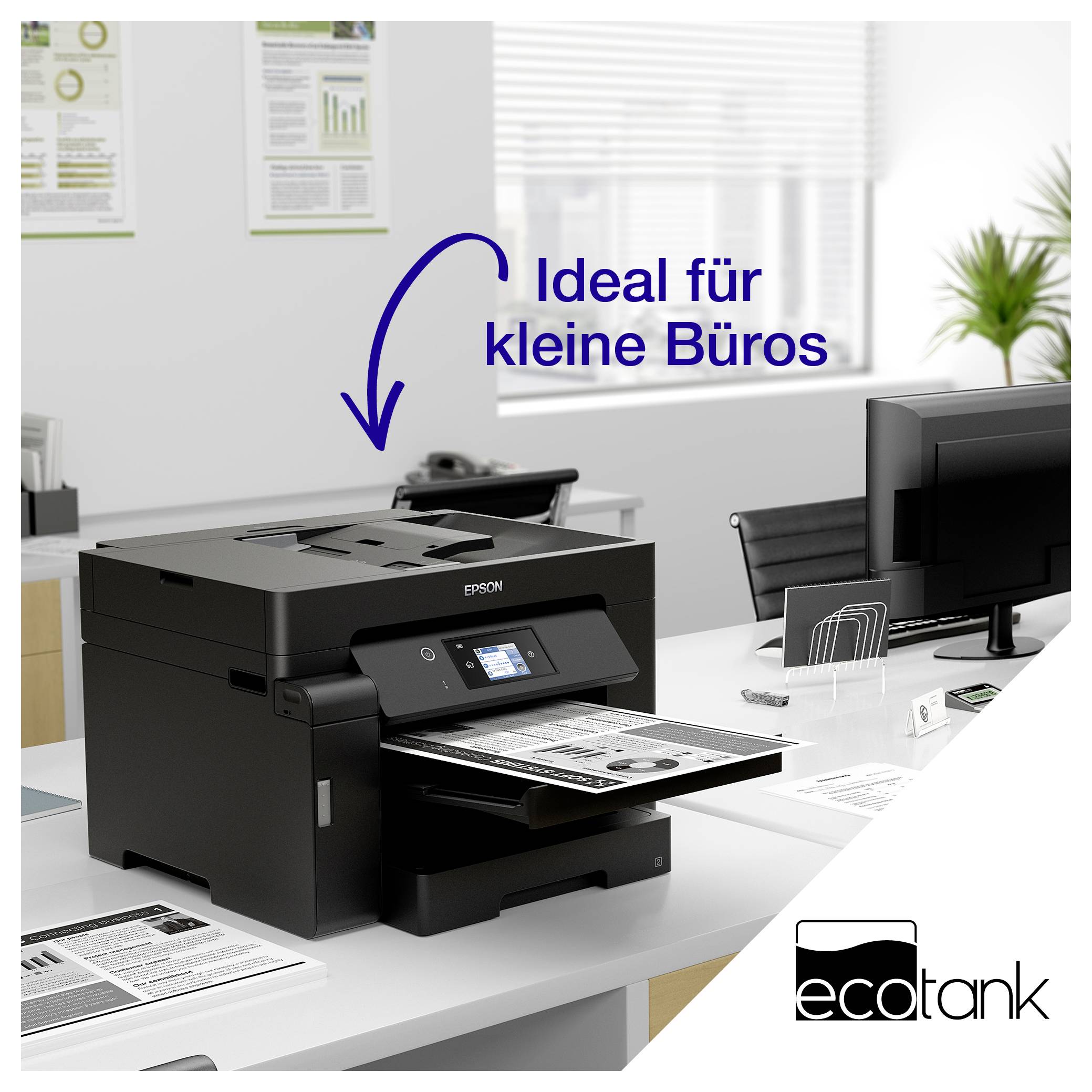 Epson EcoTank tiskárna v malé kanceláři, tiskne stránku; text říká "Ideální pro malé kanceláře" a "ecotank".