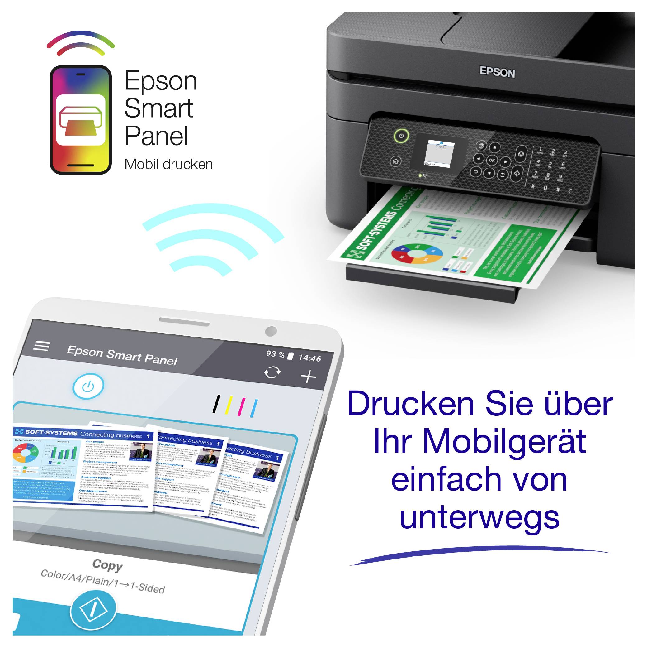 Epson Smart Panel reklama zobrazující tisk z chytrého telefonu na tiskárnu Epson s německým textem „Drucken Sie über Ihr Mobilgerät einfach von unterwegs".