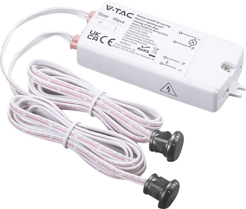 Bílý senzor pohybu V-TAC pro dveře s drátěným kabelem a dvěma černými tlačítkovými senzory pro ovládání dveří.