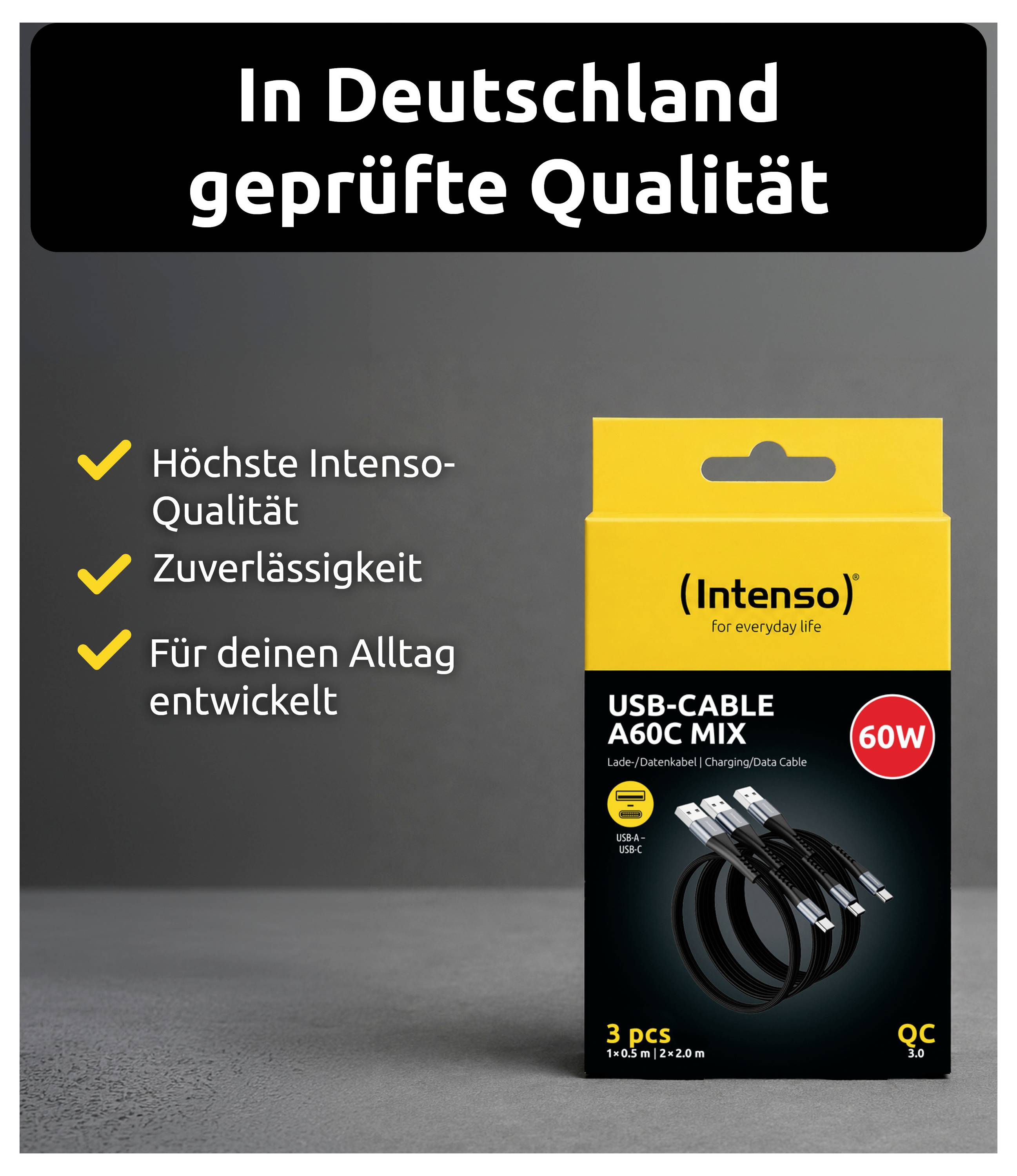 Balení kabelu Intenso USB-C s německým tvrzením o kvalitě; text říká „Kvalita testovaná v Německu" a uvádí nejvyšší kvalitu Intenso, spolehlivost a každodenní použití.
