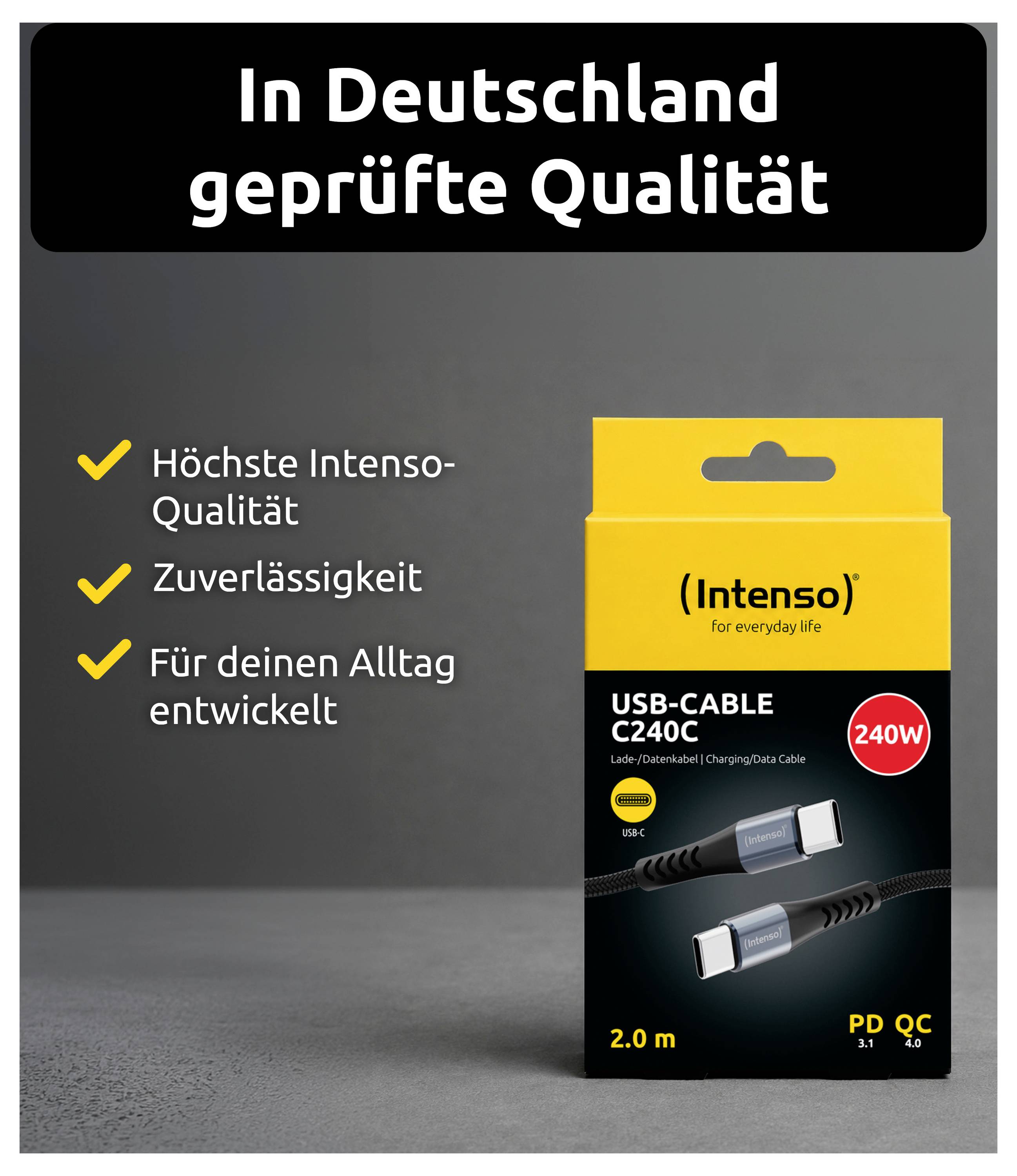 Intenso USB-C kabel<br><br>Německy testovaná kvalita<br><br>Vysoká kvalita, spolehlivost a každodenní použití