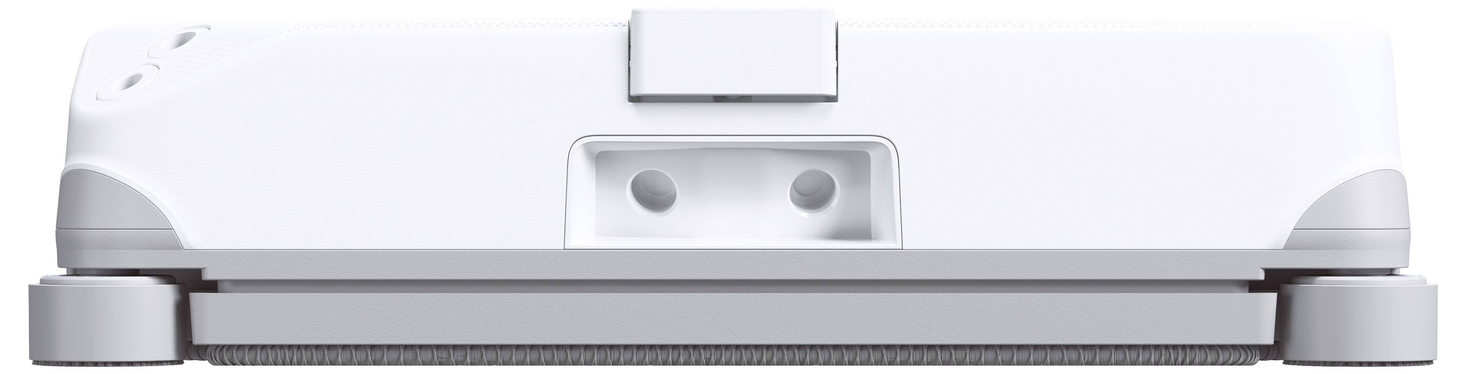 Přední pohled na bílé elektronické zařízení se středovým závěsem a dlouhou šedou spodní hranou, zobrazené na jednobarevném pozadí.
