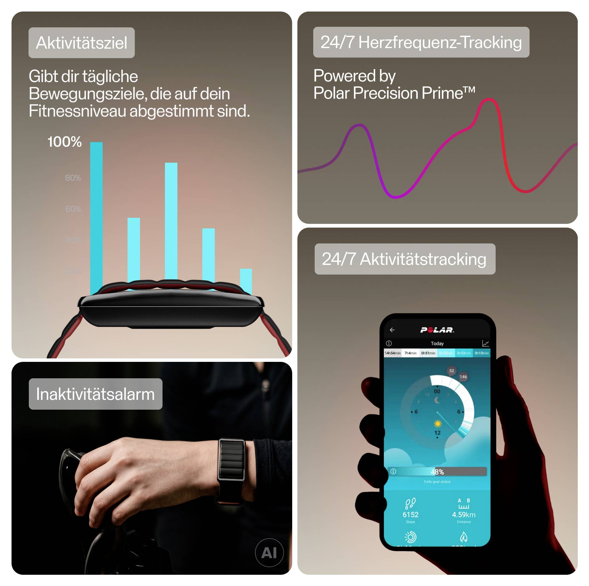 Reklama na nositelný fitness tracker ukazující pruhy cílů aktivity, sledování pulsu 24/7, alarm nečinnosti a sledování aktivity na telefonu prostřednictvím aplikace.