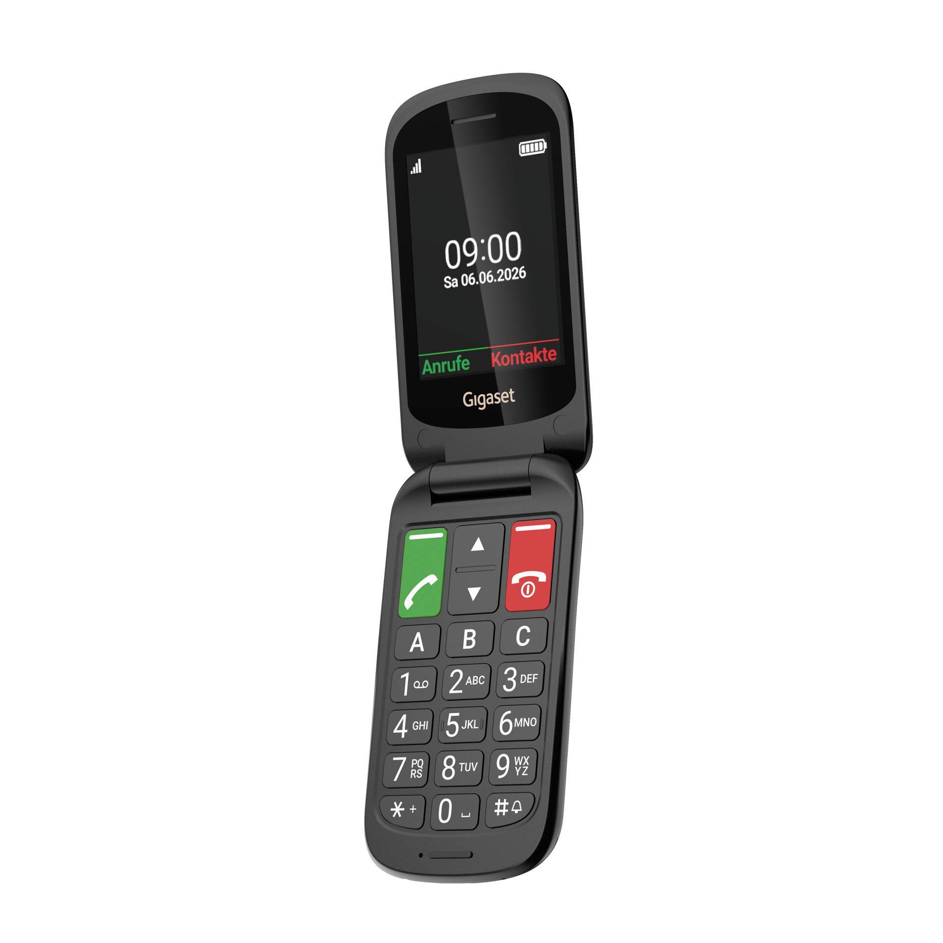 Otevřený černý sklopný telefon Gigaset zobrazující na obrazovce 09:00, se zelenými tlačítky pro volání a červenými tlačítky pro ukončení hovoru a viditelnými tlačítky číselníku.