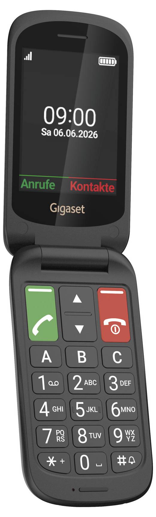 Černý sklápaný telefon Gigaset s rozsvíceným displejem zobrazujícím 09:00, datum So 06.06.2026 a popisky menu Hovory a Kontakty; viditelná klávesnice.