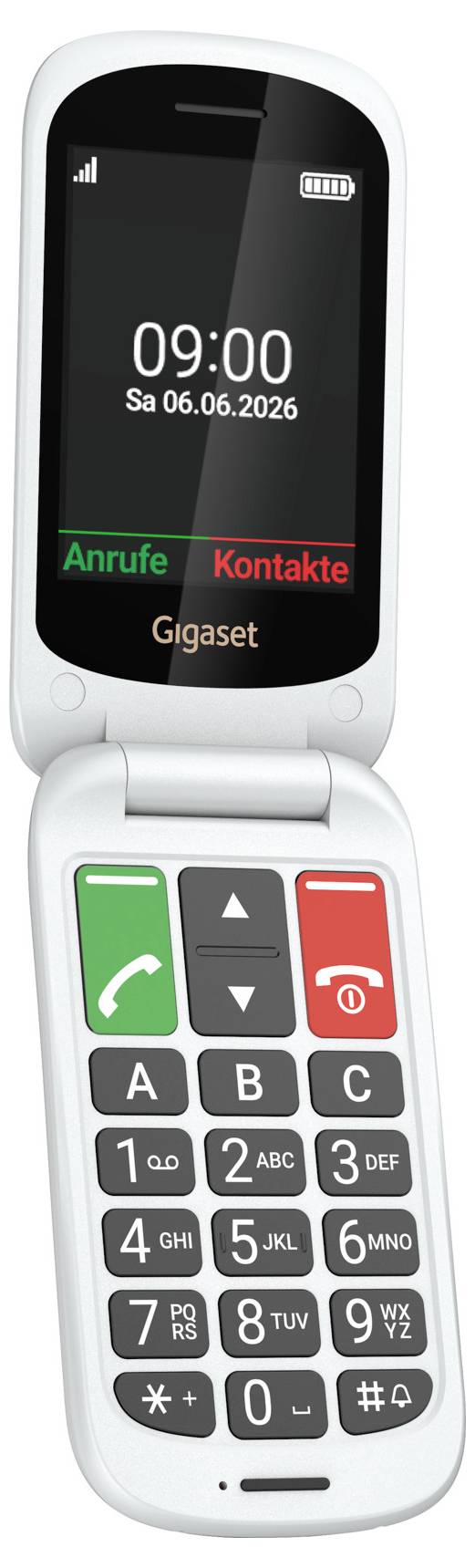 Bílý skládací telefon Gigaset ukazující 09:00, se zeleným tlačítkem volání a červeným tlačítkem kontaktů a numerickou klávesnicí.