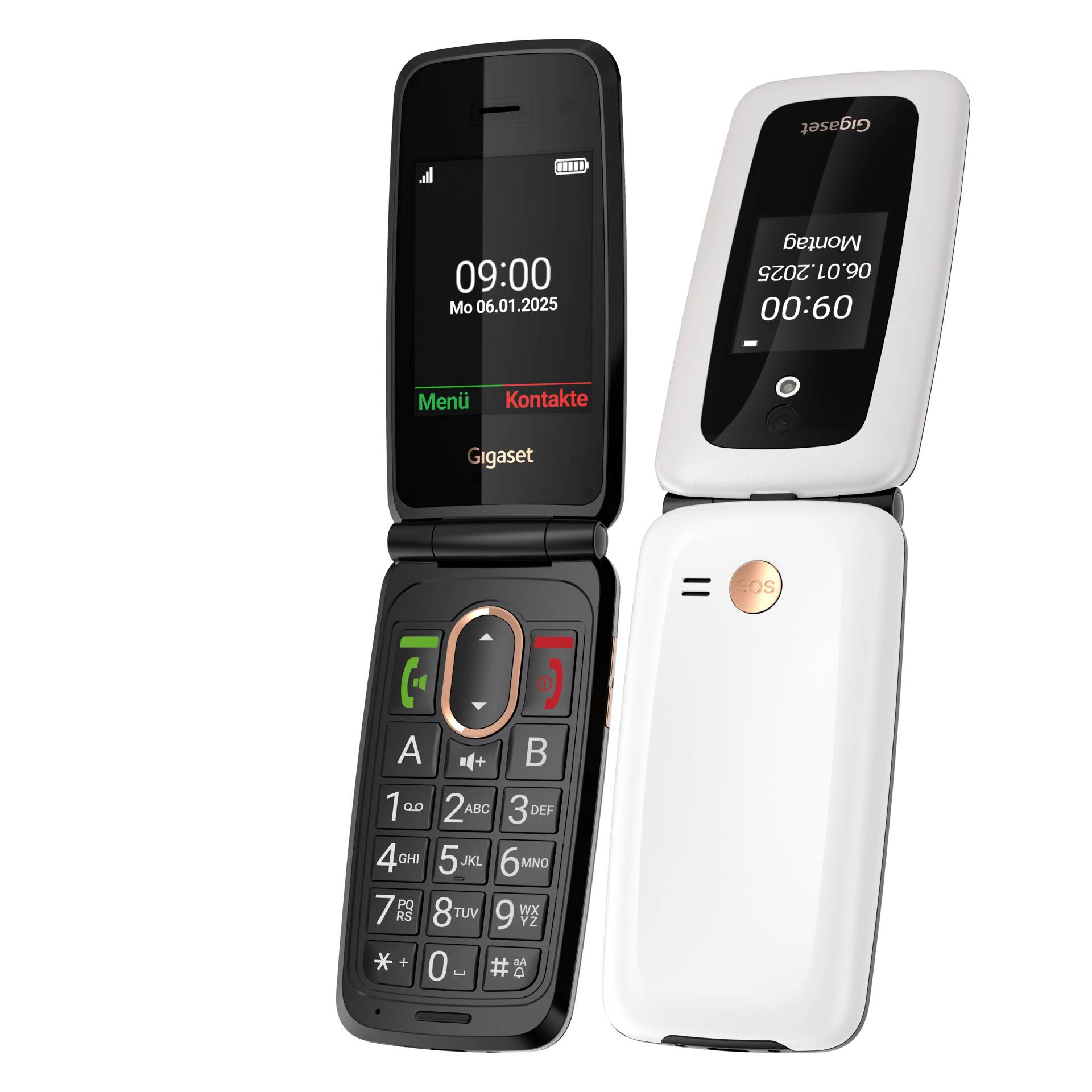 Dva sklopné telefony zobrazené v otevřené a zavřené poloze: černý telefon Gigaset s displejem a klávesnicí a bílý telefon s tlačítkem SOS na zadní straně.