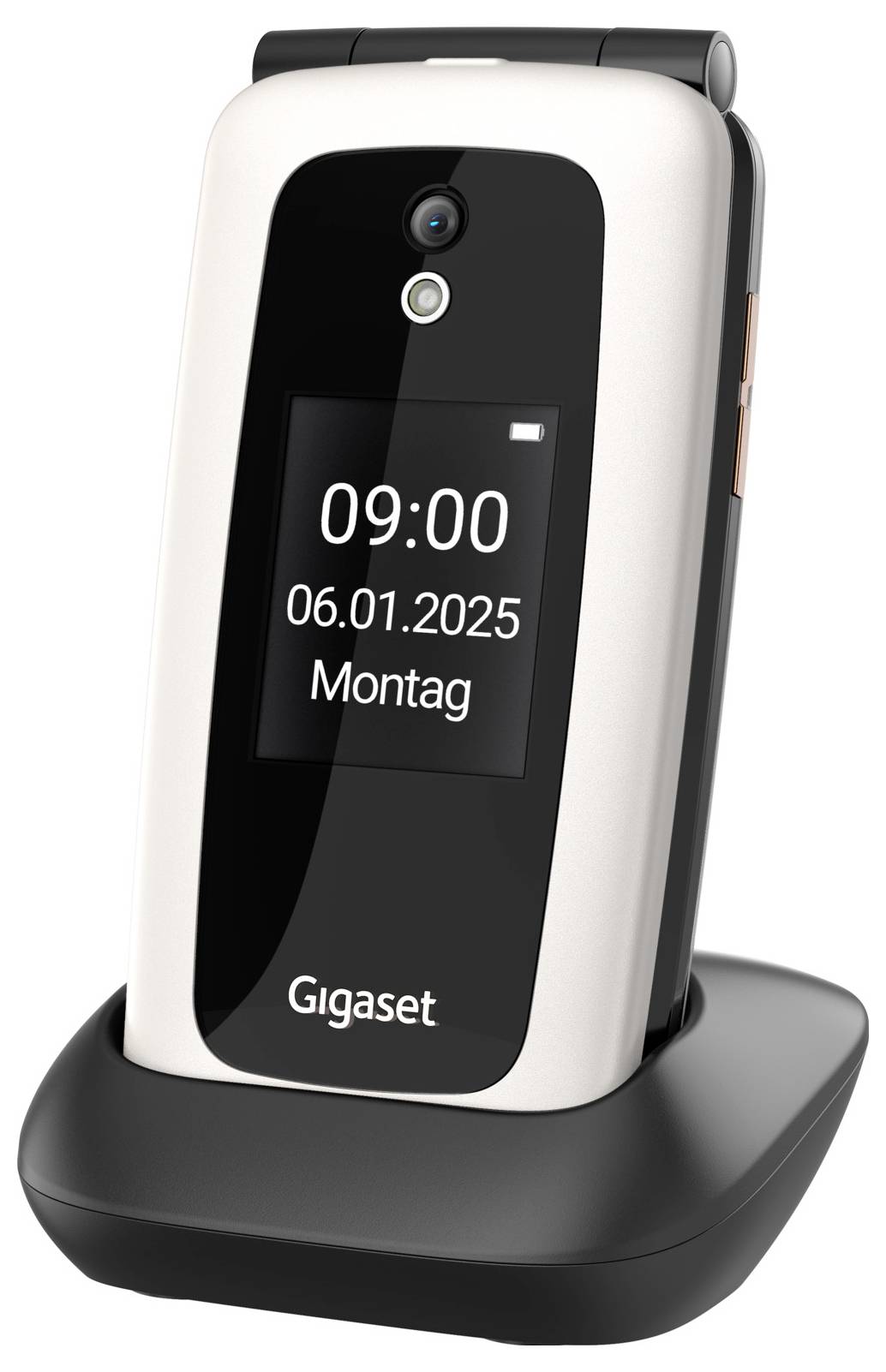 Bezdrátový telefon Gigaset na nabíjecí stanici, na displeji je vidět čas 09:00, datum 06.01.2025 a den Pondělí.
