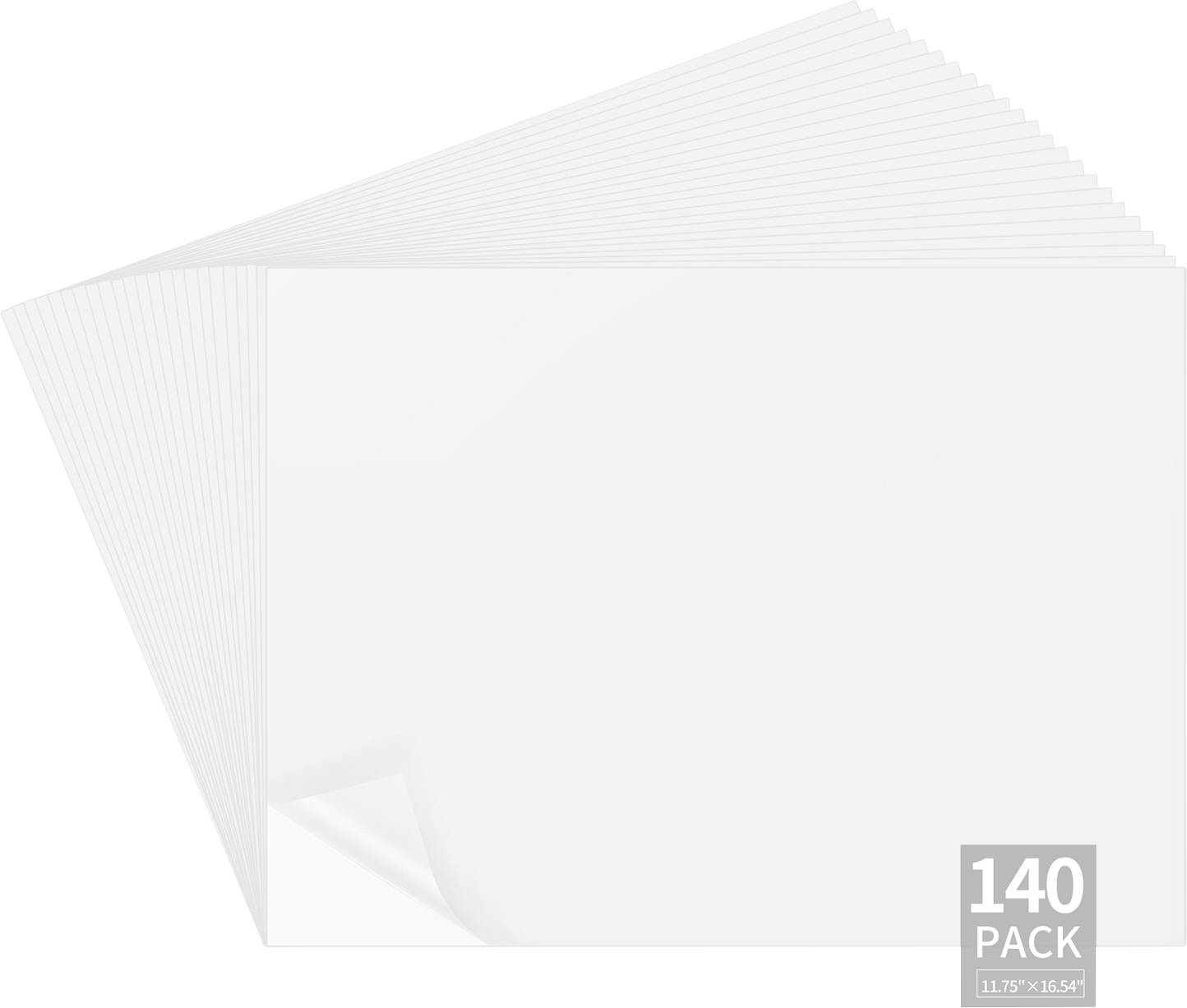 Bílý balíček obsahující 140 kusů prázdných listů o rozměrech 11,75 x 16,54 palce naskládaných do ventilátorové hromádky, zobrazeno jako obalování produktu.