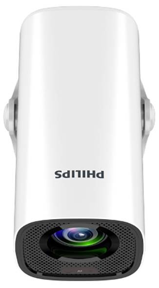 Bílý projektor Philips zobrazený vzpřímeně, s viditelnými čočkou a přední mřížkou na prostém pozadí.