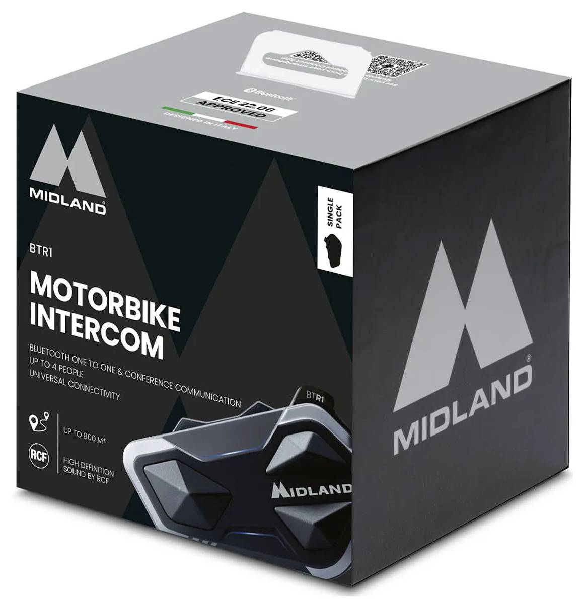 Krabice Midland BTR1 interkomu na motorku, černý obal s produktovým obrázkem a textem 'INTERKOM NA MOTORKU'.