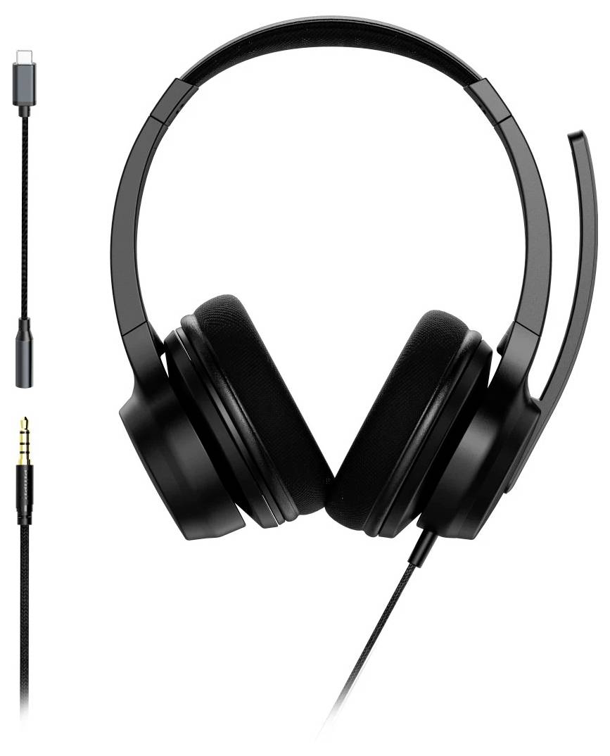 Černá bezdrátová sluchátka přes uši s USB-C a 3,5 mm audio konektorem zobrazená na bílém pozadí.