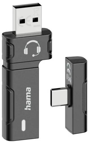 Hama USB flash disk s odpojitelným adaptérem USB-C, zobrazen oddělený, aby se zvýraznily konektor a paměťové zařízení.