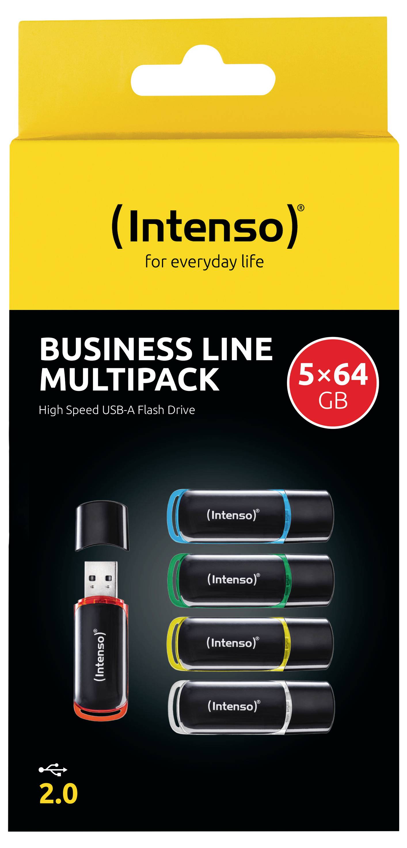Intenso Business Line multipack pěti 64GB USB 2.0 flash disků v černé barvě s barevnými kroužky.