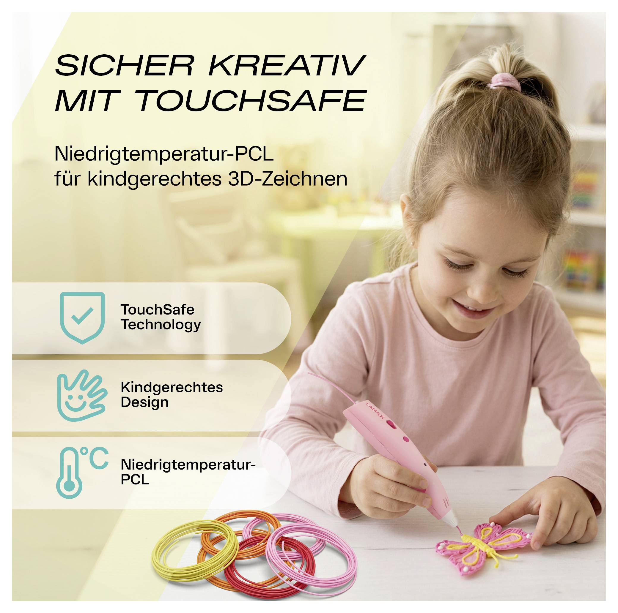 Reklamní obrázek mladé dívky používající horké pero pro 3D kreslení, s německým textem propagujícím „sicher kreativ mit Touchsafe" a nízkou teplotu PCL pro 3D kreslení vhodné pro děti.