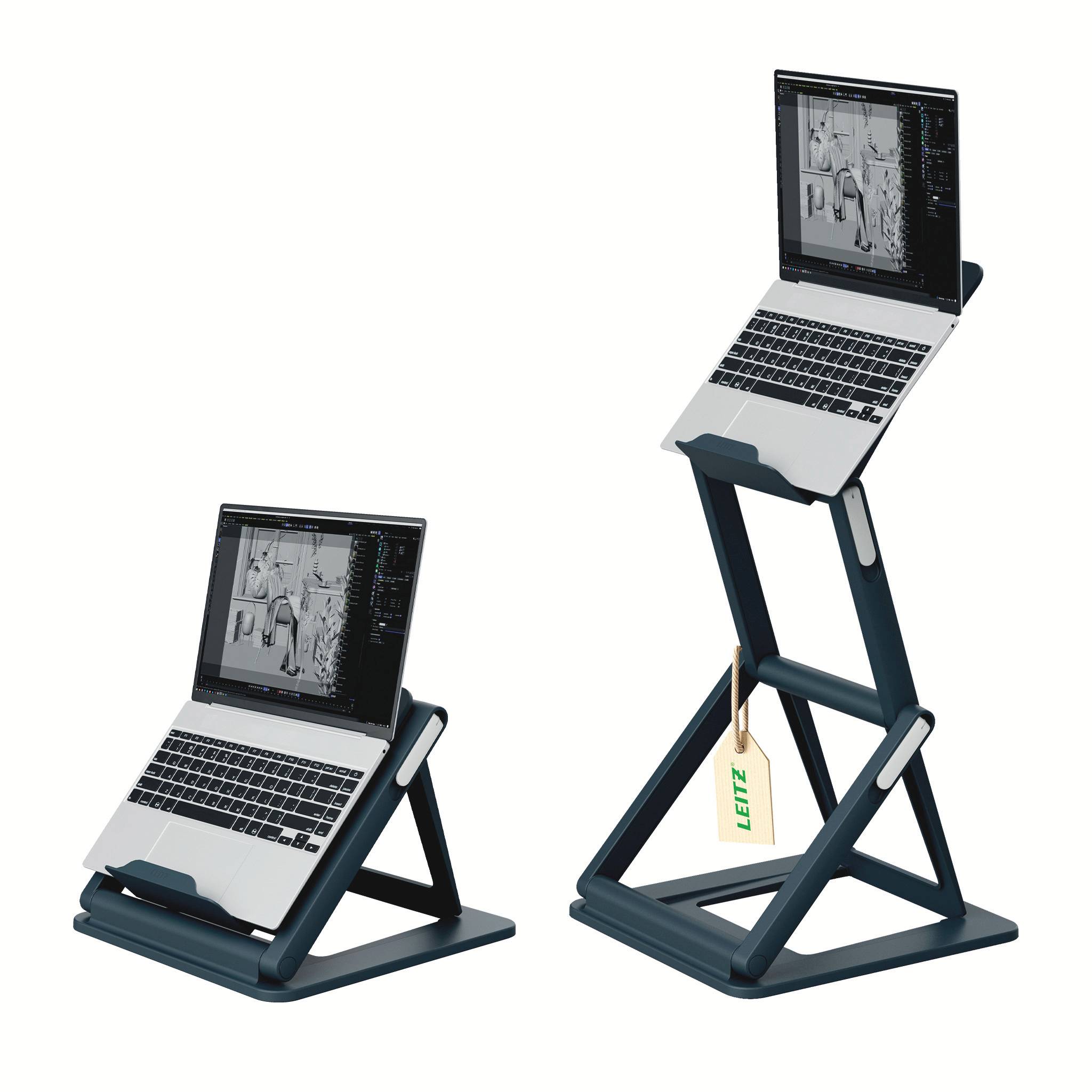 Podstavec na notebook znázorněný v plochém a zvýšeném postavení, držící otevřený notebook pro ergonomické čtení a psaní.
