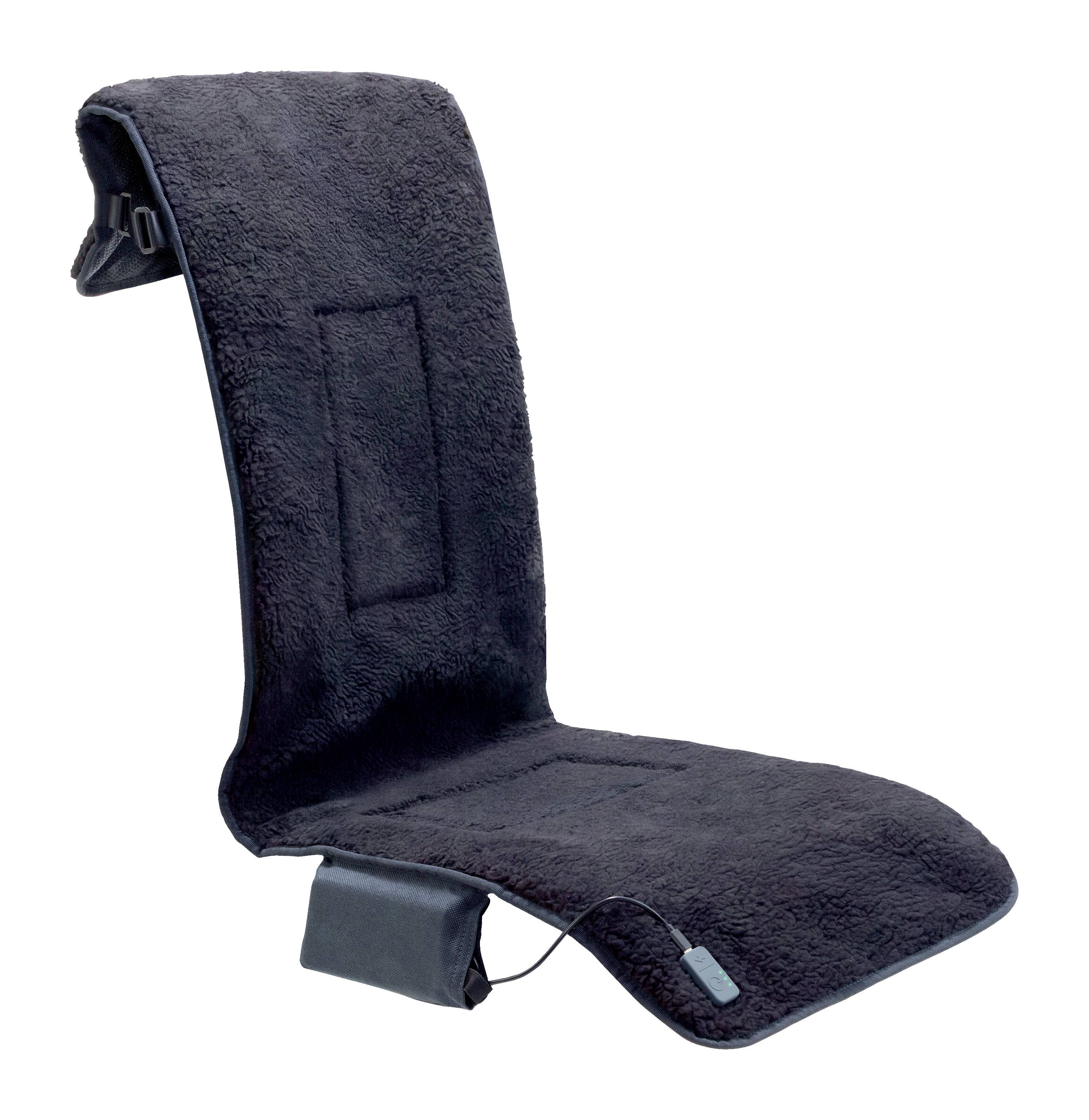 Černá vyhřívaná sedací podložka s vysokým opěradlem a kabelovým ovládacím modulem na bílém pozadí.