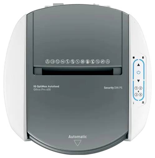 Přední pohled na kancelářský drtič papíru s automatickým podavačem, označený 'IQ OptiMax Autofeed Office Pro 60U' a 'Security DIN P5'.