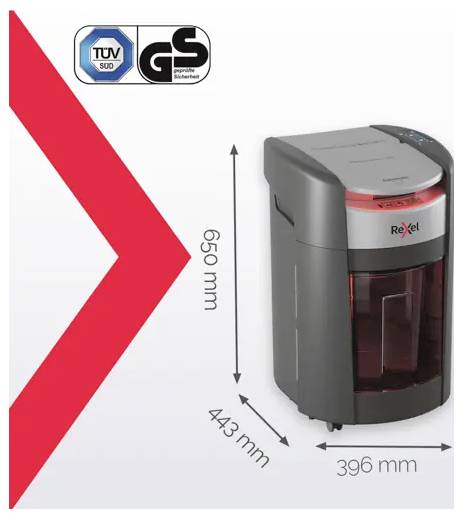 Obraz produktu Rexel papírové triturátoru se symboly bezpečnosti a zobrazenými rozměry: výška 650 mm, hloubka 443 mm, šířka 396 mm.