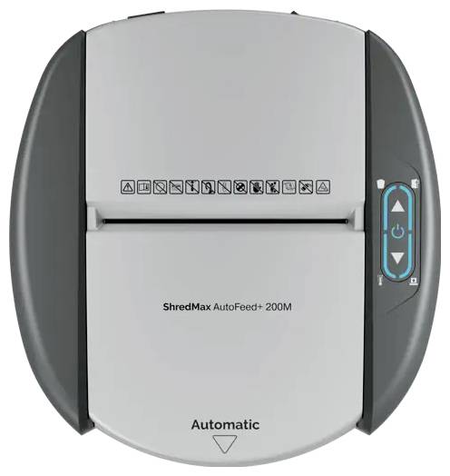 Čelní pohled na automatickou skartovací linku ShredMax AutoFeed+ 200M s horním slotovým podavačem a bočními ovládacími tlačítky.