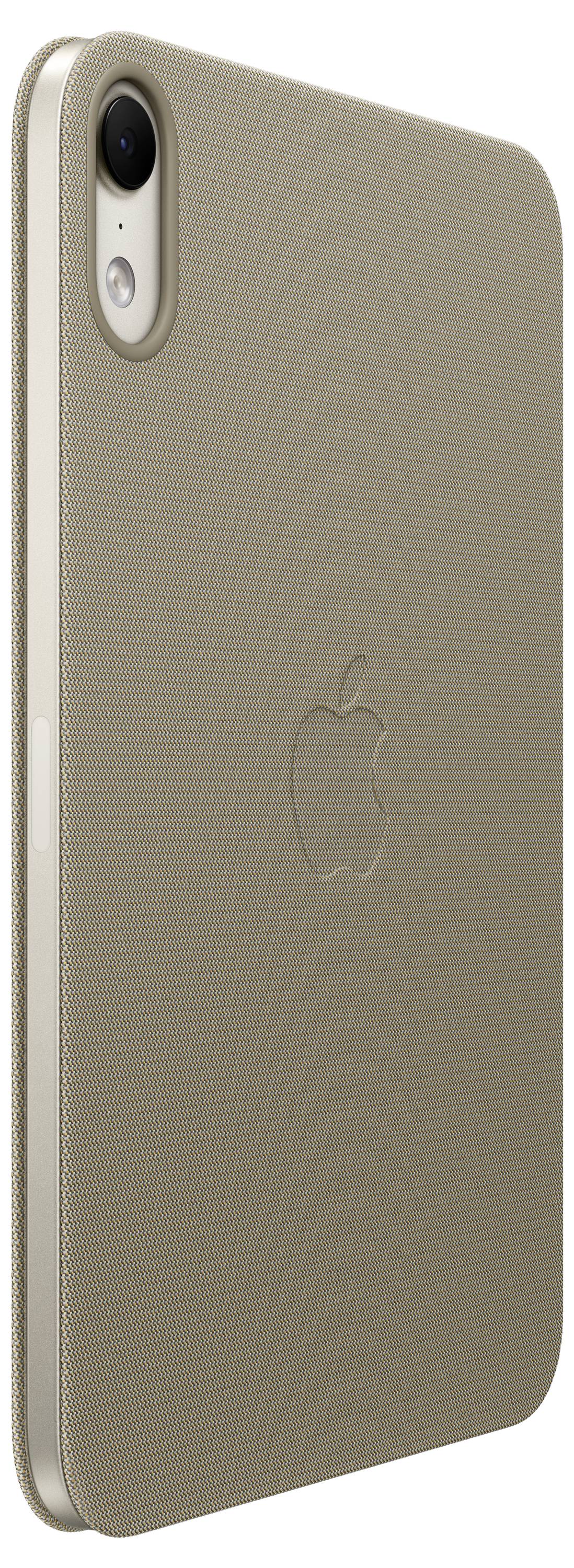 Zlaté pouzdro na iPhone zobrazené zezadu, s vertikálním výřezem pro fotoaparát vlevo nahoře a logem Apple uprostřed na strukturovaném povrchu.